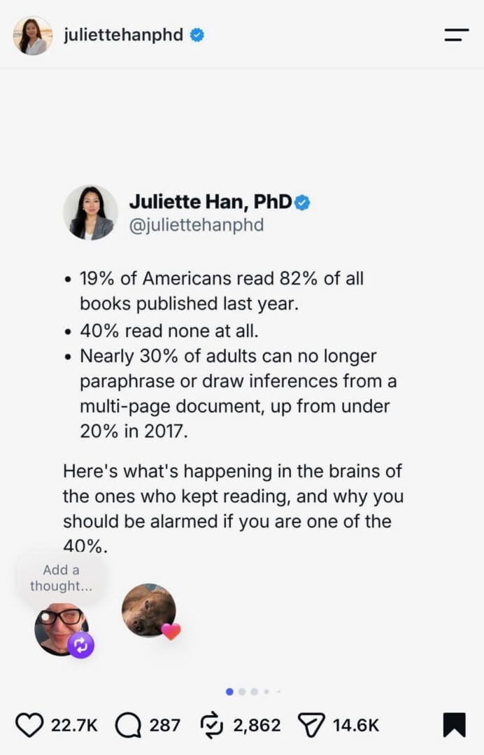 Social post showing reading decline statistics