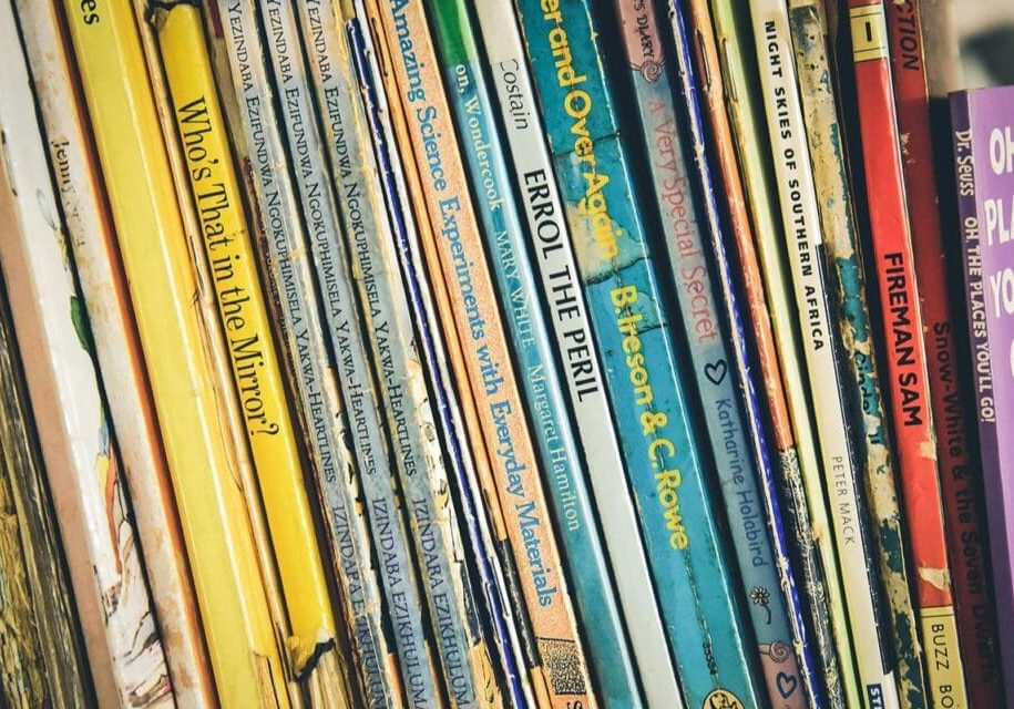 A close-up of vinyl record spines on a shelf.